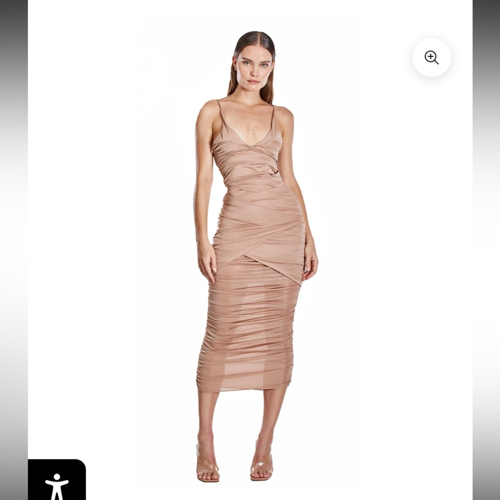 Mother of all midi dress beige ruched strappy cutout size small myka style